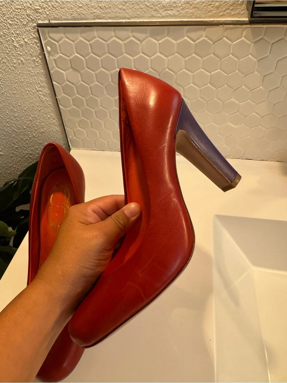 Elie Tahari Luxe Burnt Orange Harper Leather Pumps with Purple Accent $398